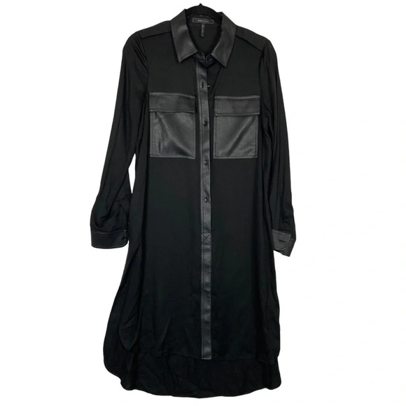 BCBG MAXAZARIA Faux Leather-Trimmed Shirt Dress Sz S - Picture 2 of 13